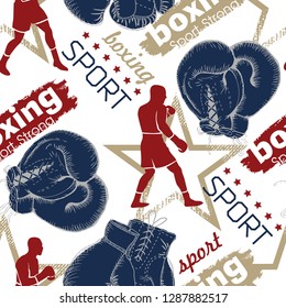 Boxing sport wallpaper. Seamless sport pattern with boxing. Sport printing design. Creative grunge design of sport. Sports equipment seamless pattern