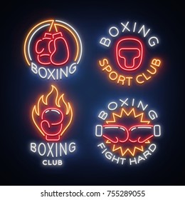 Boxing Sports Club set of logos in a neon style, vector illustration. Collection of neon signs, emblems, symbols for a sports facility on a boxing theme. Neon banner, bright nightlife advertisement.