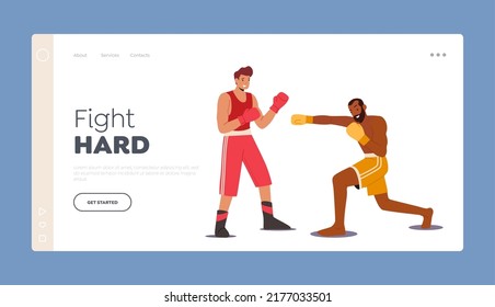 Boxing Sports on Ring Landing Page Template. Couple of Male Characters Sportsmen Boxers Punching and Exchange Blows on Fighting Competition Attacking and Defending. Cartoon Vector Illustration