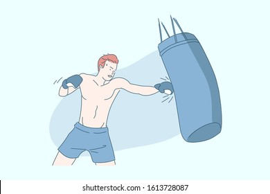 Boxing, sports training, sportsman with boxing bag concept. Punches technique practice, sports equipment use, male boxer training in gym, competition preparation. Simple flat vector