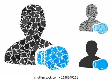 Boxing sportsman composition of abrupt pieces in variable sizes and color tints, based on boxing sportsman icon. Vector rough pieces are combined into composition.