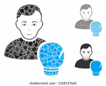Boxing sportsman mosaic of uneven items in different sizes and color tints, based on boxing sportsman icon. Vector uneven items are combined into collage.