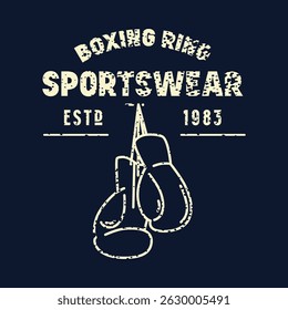Boxing sportswear emblem for t-shirt. Graphic design with rough texture. Light print on black background