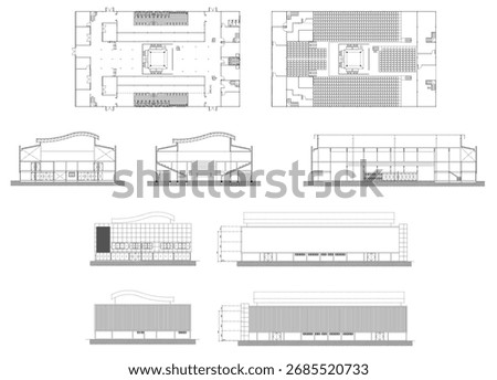 Boxing Stadium Architectural and Interior Drawing with Furniture Layout, Building Elevation and Section Plans