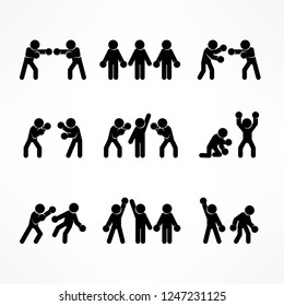 Boxing stick figures on white, boxer pictogram icon, for sport. Vector illustration.