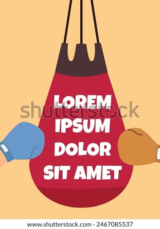 Boxing theme with punching bag and gloves. Red and blue boxing gloves strike a red punching bag with Lorem Ipsum text. Vector illustration for sports design.