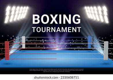 Boxing tournament banner ring illuminated with neon lights realistic vector illustration. Fighting sport competition arena with ropes for night show betting app background. Game match stadium