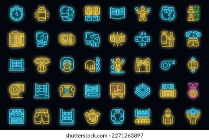 Boxing tournament icons set outline vector. Battle academy. Agression champion neon color on black