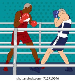 Boxing tournament. Two boxers are fight in professional boxing match. On the ring are caucasian and african american fighters. Realistic vector illustration