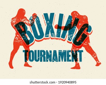 Boxing Tournament typographical vintage grunge style poster, logo, emblem design. Two boxers are fighting. Retro vector illustration.