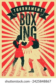 Boxing Tournament typographical vintage grunge style poster design with boxer silhouettes. Two boxers are fighting. Retro vector illustration.