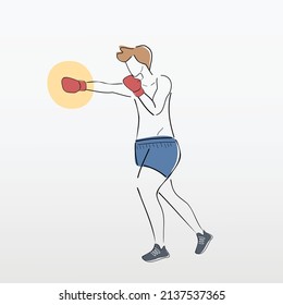 Boxing training for beginner,Full body Weight Loss and Fat Burn Calories workout program,Cardio exercises routine,build muscle,man punched by boxing glove at fitness gym,Outline vector illustration.