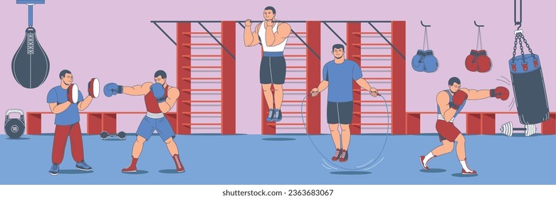 Boxing training cartoon composition with horizontal indoor view of gym with punchbags parallel bars and athletes vector illustration