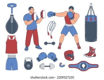 Boxtraining-Cartoon-Set mit isolierten Symbolen für Sportgeräte mit Boxtaschen und Skitouren und Athleten Vektorgrafik