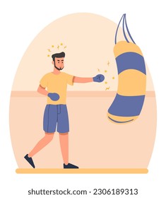 Boxing training concept. Man in gloves hits training equipment, punching boxing bag. Preparing athlete for competitions and tournaments. Active and healthy lifeste. Cartoon flat vector illustration