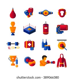 Boxing training gear punch bags equipment and sportswear accessories colorful flat icons set abstract isolated vector illustration 