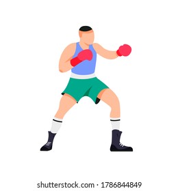 Boxing training man isolated vector illustration. Man with boxing gloves standing in a pose. 