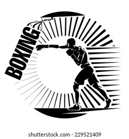 Boxing. Training with punching bag. Vector illustration in the engraving style