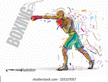 Boxing training. Vector artwork in the style of paint strokes.