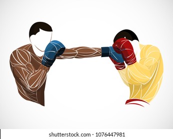 Boxing, two boxers fighting, the boxer is falling on the prop of the boxing ring and strikes his head, black and white vector sketch, simple drawing