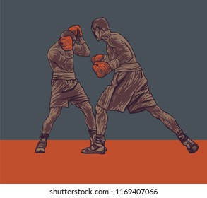 Boxing. Two Boxers Are Fighting In The Ring. Drawing Style. Vector illustration.