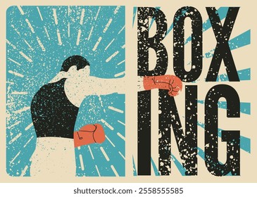 Boxing typographical vintage grunge style poster design with boxer silhouette. Retro vector illustration.