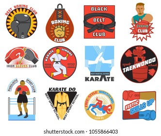 Boxing vector boxer character or fighter of karate-do or kickboxing on sportclub emblem illustration set of karate or fighting sign isolated on white background