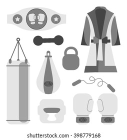 Boxing vector design elements. Fighting and boxing equipment. Boxing gloves vector illustration. Boxing gym icons. punching bag