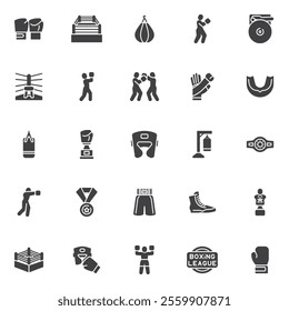 Boxing vector icons set, modern solid symbol collection, filled style pictogram pack. Signs, logo illustration. Set includes icons as boxer, punching bag, hand wraps, champion belt, cross punch, arena