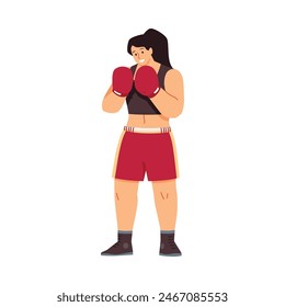 Boxing vector illustration. A female boxer in red shorts and gloves stands in a ready stance. The design emphasizes her athleticism and confidence, capturing the spirit of women's boxing.