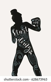Boxing vector illustration. Female boxer with isolated silhouette. Lettering. Training.