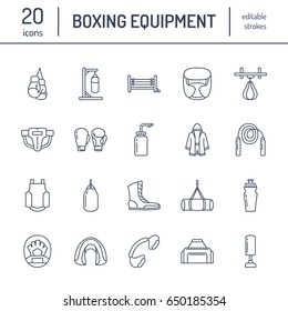 Boxing vector line icons. Punchbag, boxer gloves, ring, heavy bags, punching mitts. Sport training signs set, box championship pictogram with editable stroke for club, equipment store.