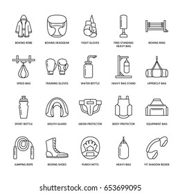 Boxing vector line icons. Punchbag, boxer gloves, ring, heavy bags, punching mitts. Sport training signs set, box championship pictogram with editable stroke for club, equipment store.