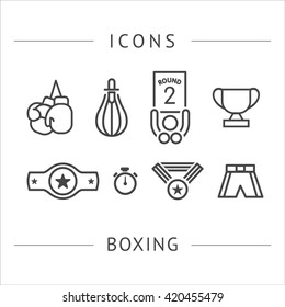 Boxing. Vector linear icons isolated on white background.