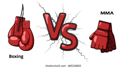 Boxing versus Mixed Martial Arts. Boxing gloves and mma gloves. Flat vector illustration isolated on white