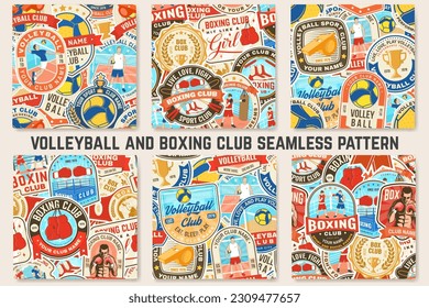 Boxing and Volleyball club seamless pattern. Vector. For Volleyball and boxing club background, wallpaper, wall decor with volley ball, player boxer, boxing gloves, boxing shoes