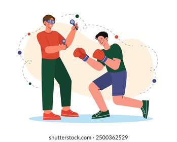 Boxing in vr glasses. Young guy training in virtual reality. Active lifestyle and sports. Modern technologies and innovations. Flat vector illustration isolated on white background