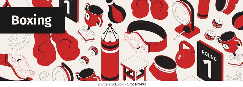 Boxing web site pattern isometric composition with text and icons of gloves punching bags and trophies vector illustration