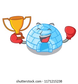 Boxing winner cartoon ice house igloo on snowing day