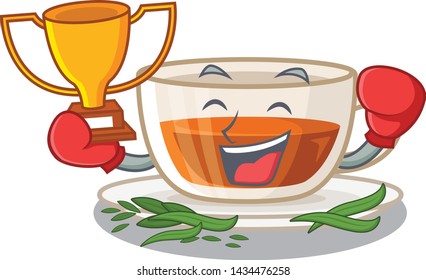 Boxing winner darjeeling tea above wooden cartoon table