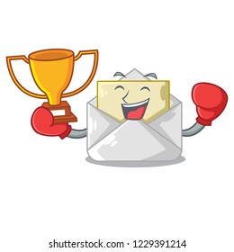 Boxing winner envelope opened on shape white mascot