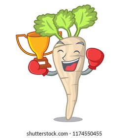 Boxing winner fresh organic parsnip vegetable cartoon style