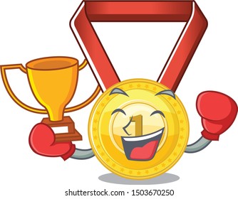 Boxing winner gold medal hung on cartoon wall