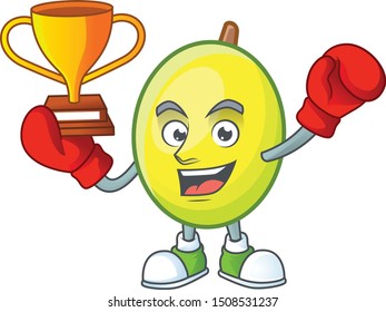 Boxing winner gomortega fruit cartoon character mascot style.