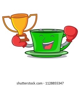 Boxing winner green tea mascot cartoon