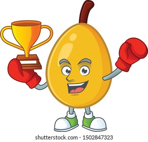 Boxing winner loquat tropical fruit in cartoon mascot style