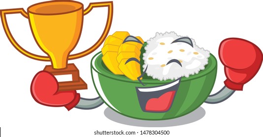 Boxing winner mango sticky rice with a mascot