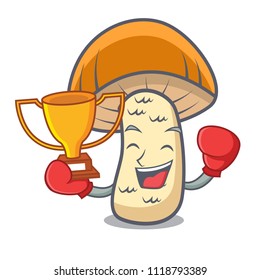 Boxing winner orange cap boletus mushroom mascot cartoon