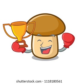 Boxing winner porcini mushroom mascot cartoon