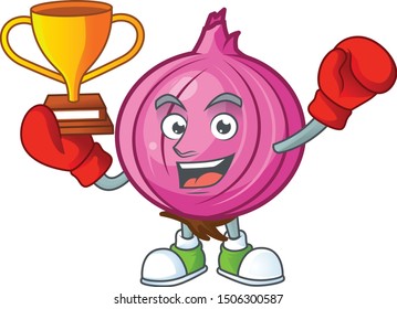 Boxing winner raw red onion cartoon on white background